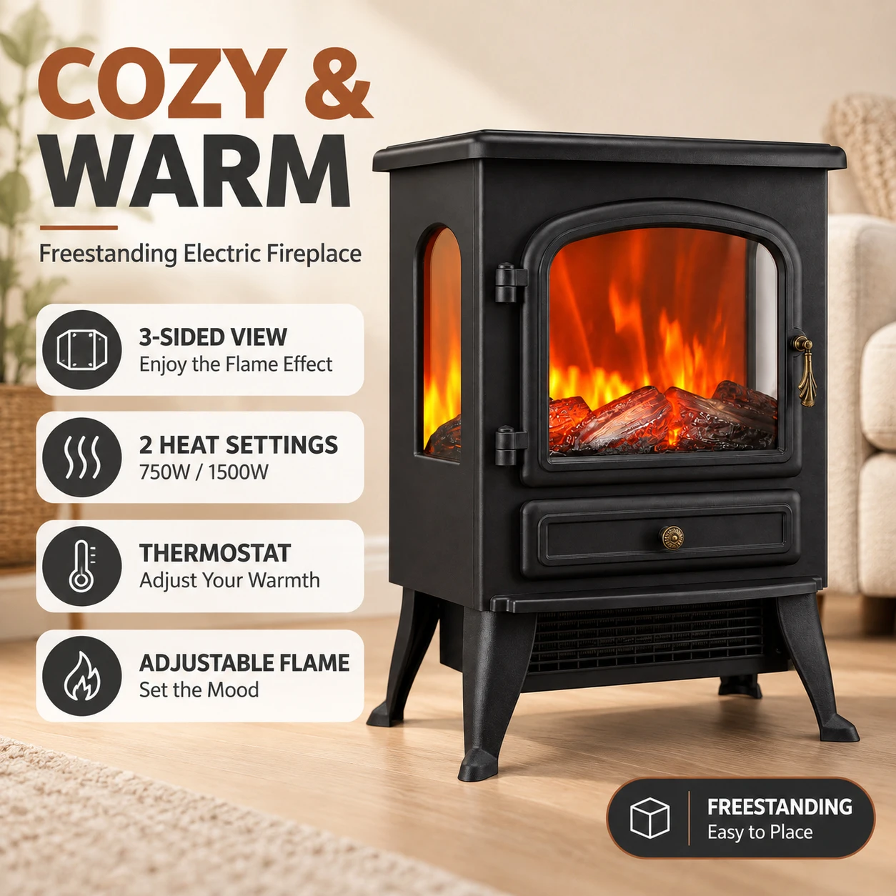 Freestanding Electric Fireplace with Three Sided Glass Adjustable Flame 750W and 1500W Heater Thermostat Black Indoor Space Heater for Living Room Bedroom and Office