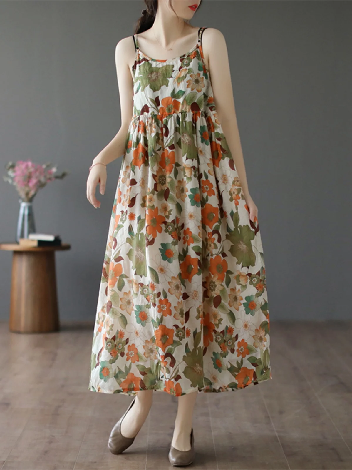 High-End Japanese Brand Women's Cotton Linen Floral Dr Loose Slimming Linen Strap Vest Long Dr Floral Print Commute Sle