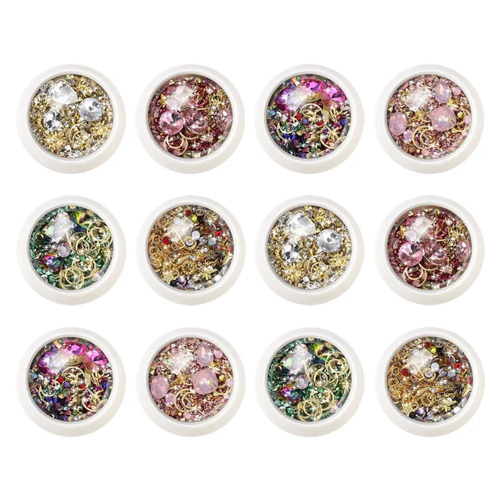 

Набор из 12 коробочек с маленькими украшениями и стразами для 3D-дизайна ногтей, материалы для маникюра, элегантные ювелирные аксессуары для девочек и женщин