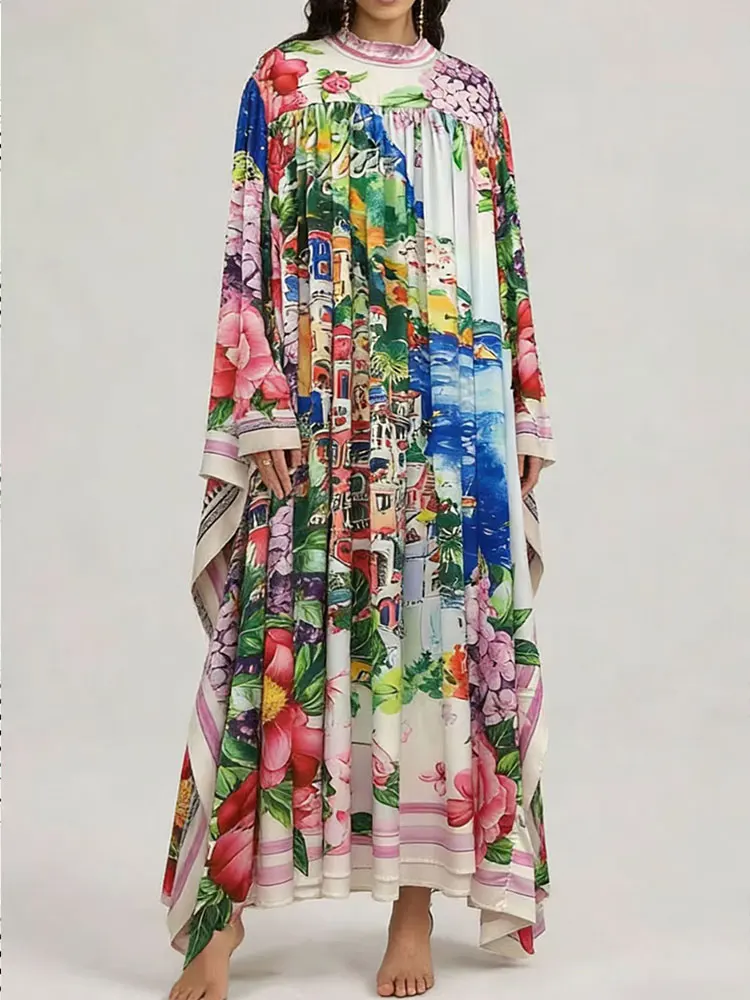 

Весной 2026 года новое женское платье с воротником-стойкой, рукавами-летучая мышь, свободного кроя, с принтом, модное и элегантное, идеально для праздников.