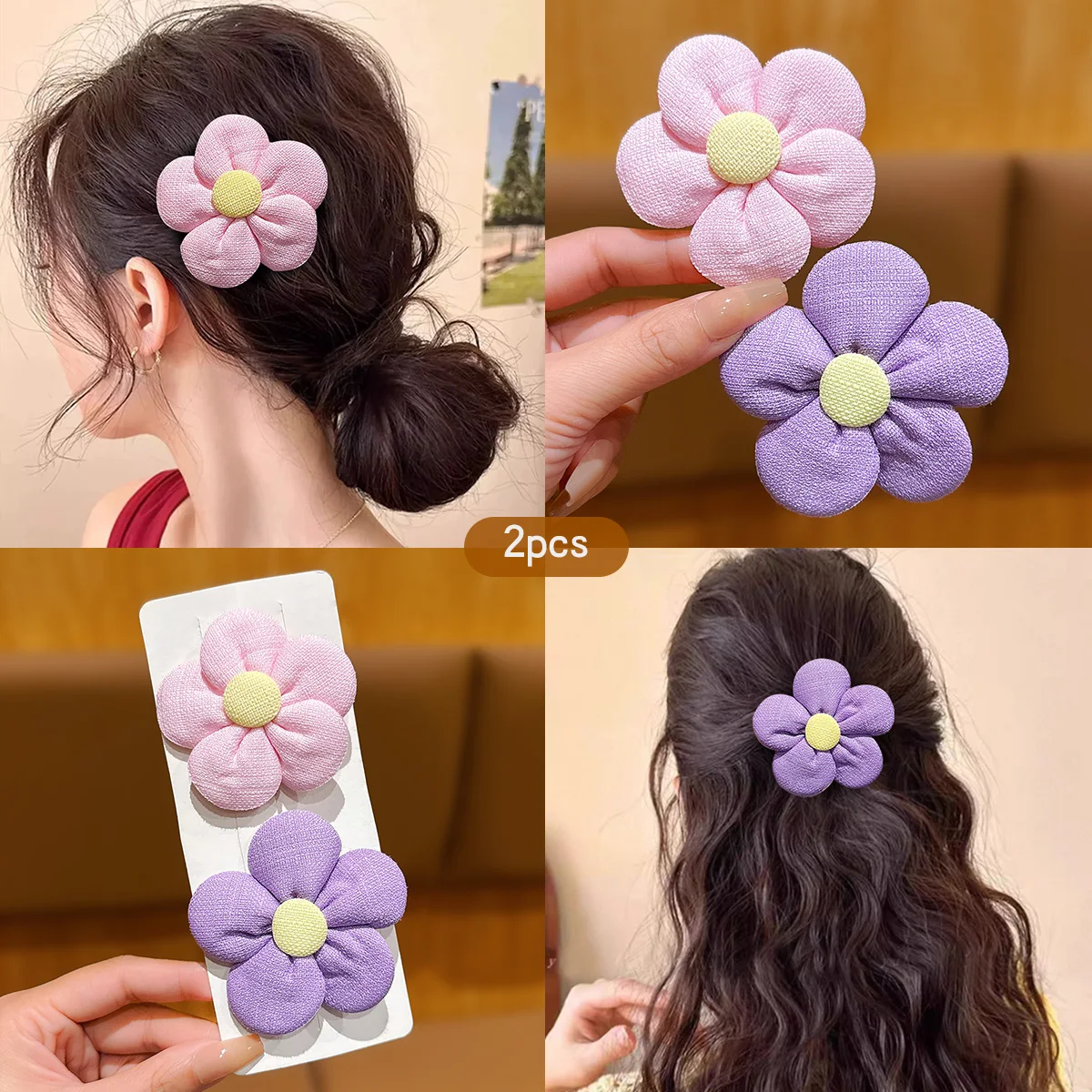 2 koreanische rosa-lila Blumen-Haarspangen, geeignet für den täglichen Haarschmuck