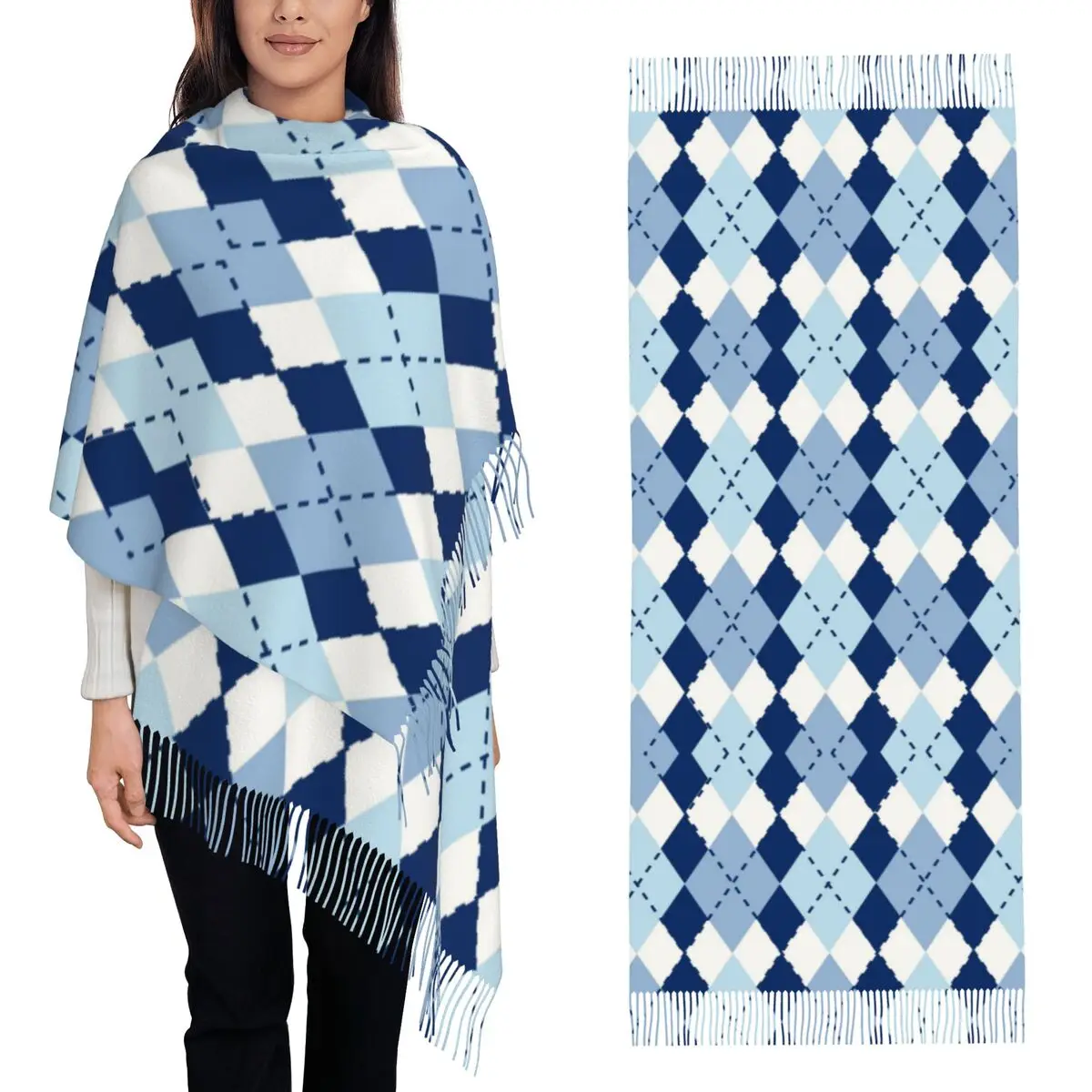 Lenço argyle azul com borla para mulheres xales e envoltórios macios e quentes grande outono inverno xale envoltório
