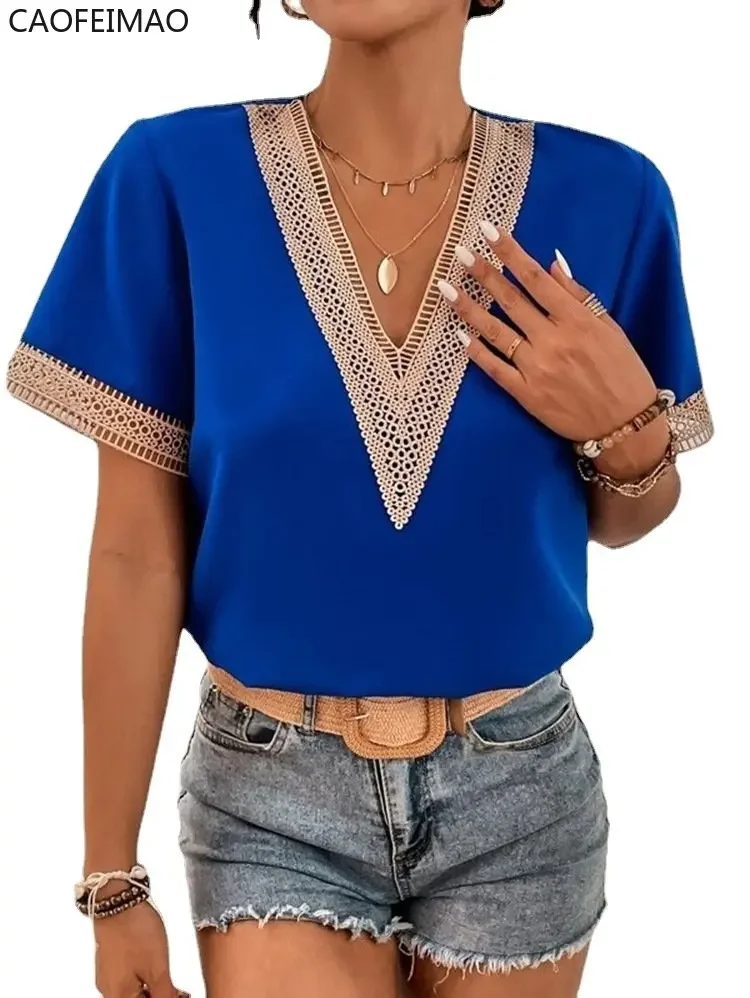 Womens Spring Short Sleeve Lace V Neck Tops Blouse Ladies Summer Loose Casual Sports Holiday T Shirt Clubwear for Women 2023