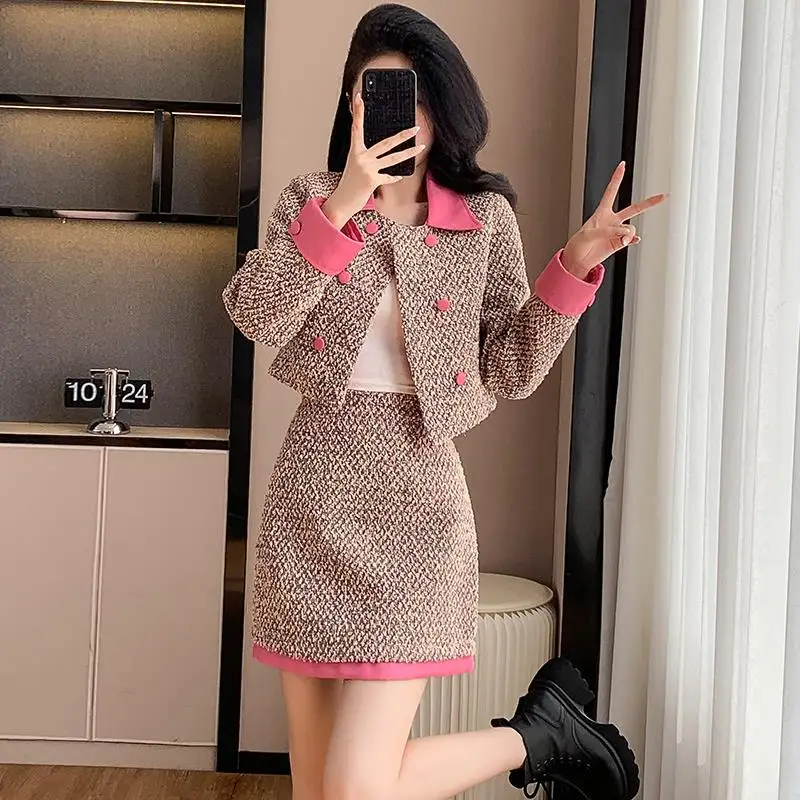 Pink women's coarse tweed 2-pcs set lapel contrasting coat+skirt 2024 new autumn/winter small fragrance style set