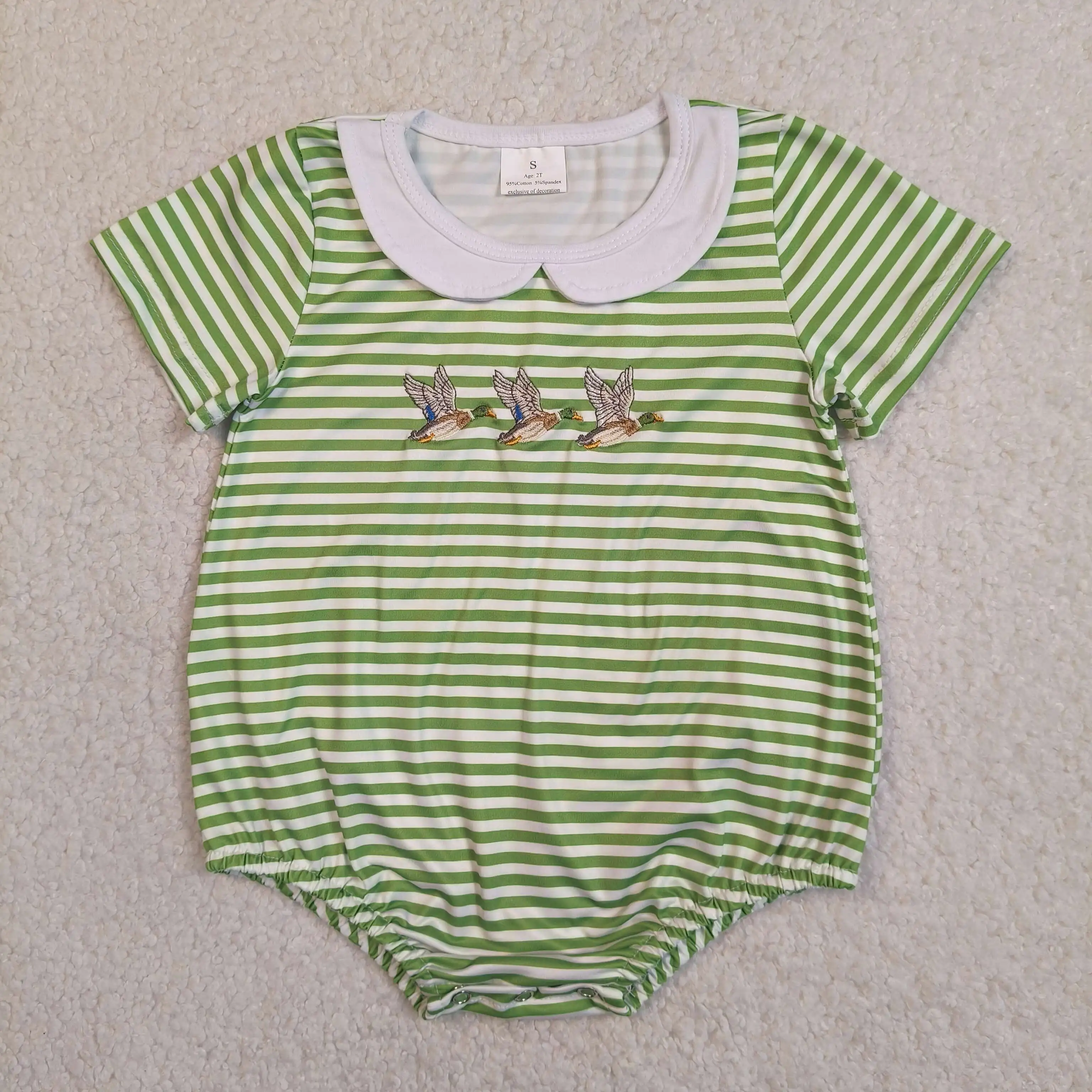 Wholesale Newborn Toddler Baby Boy Short Sleeves Ducks Romper Kids Children Green Stripe Jumpsuit Infant Boys Embroidery Clothes