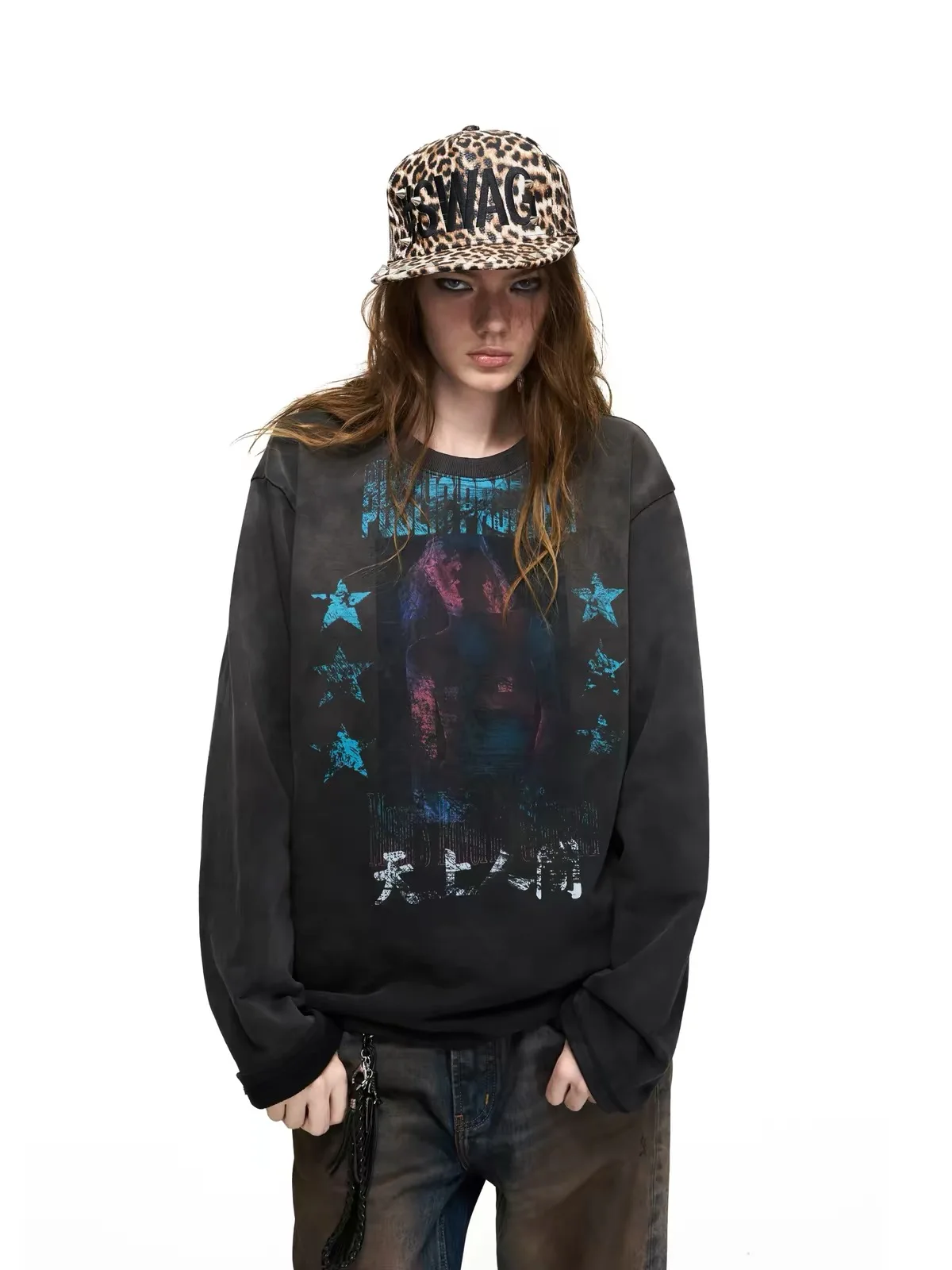 American vintage long sleeved T-shirt for both men and women, loose contrasting printed top, new product