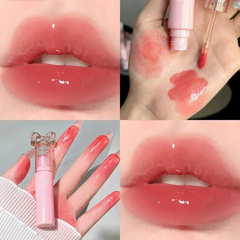 ROSA COCO Bow wässriger farbiger Lipgloss, feuchtigkeitsspendend, langlebig, Antihaft-Cup-Lippenstift, rosa Tönung, zarter Lippenbalsam, koreanische Kosmetik