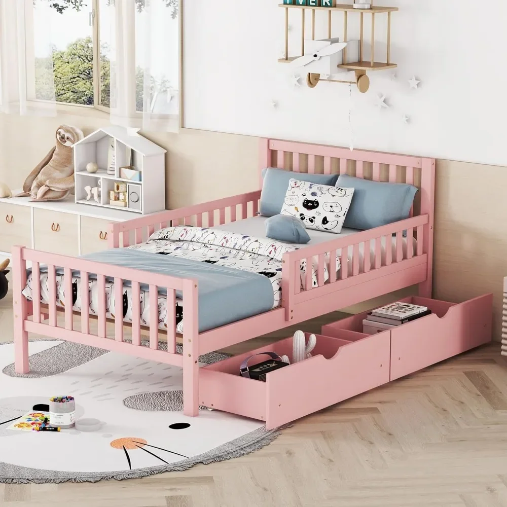 Cama de solteiro infantil com guarda-rails, cama de plataforma baixa com cabeceira e estribo, estrutura de cama infantil rosa com 2 gavetas para menino e menina