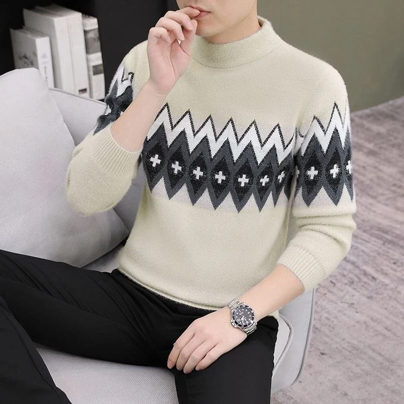メンズ冬ニットウェア ハーフハイネック プリントプルオーバー 厚手 暖かい 多用途 毛玉防止 若者向け ベースレイヤー セーター