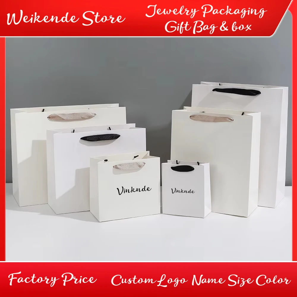 

Custom Logo Thickened White Kraft Paper Tote Bag DIY Universal Jewelry Carton Product Shopping Gift Box Package Travel Handbag