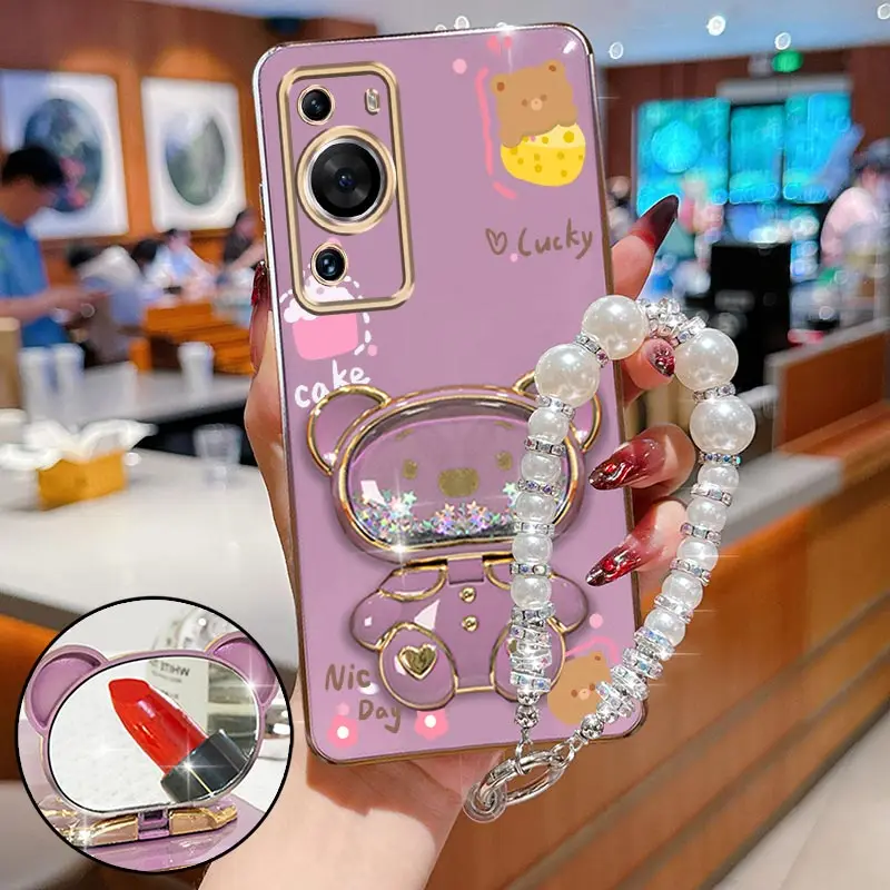 

Pearl Strap Lanyard Lucky Cake Bear Phone Holder Case On For Huawei P40 P50 P60 P30 Lite Pro P40 Pro Anti-knock Stand Back Cover