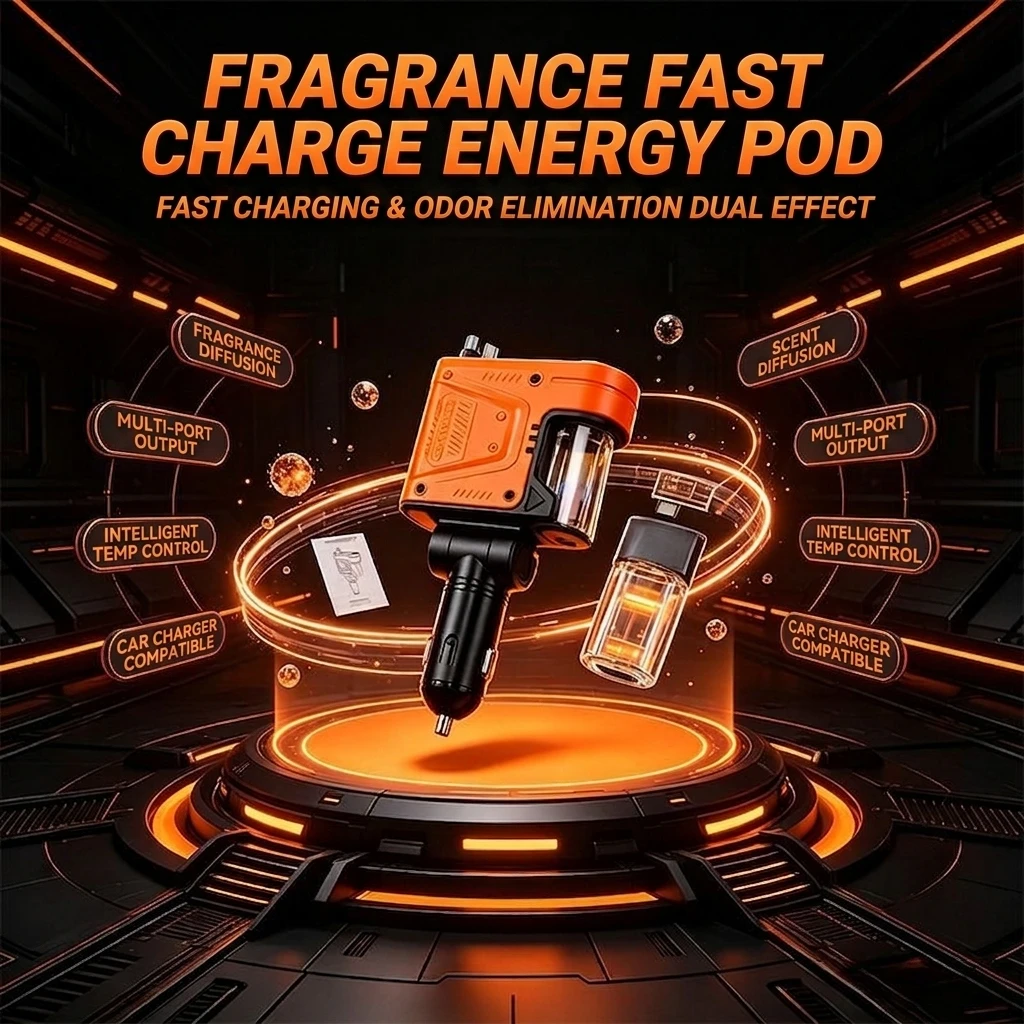 5-in-1 30W Car Charger Fast Charge, Aroma Diffuser, Retractable Lightning & Type-C Cable, USB-A/C Ports, Car Air Freshener