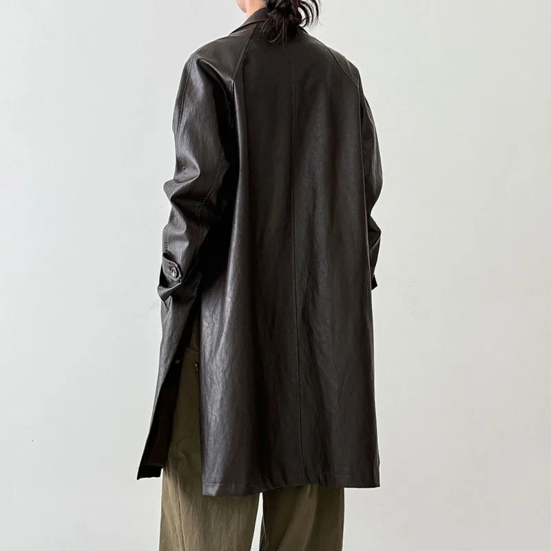 Hksh primavera outono novas mulheres longas jaqueta de couro do plutônio turn-down colarinho único breasted versátil high-end chique trench coat hk12882