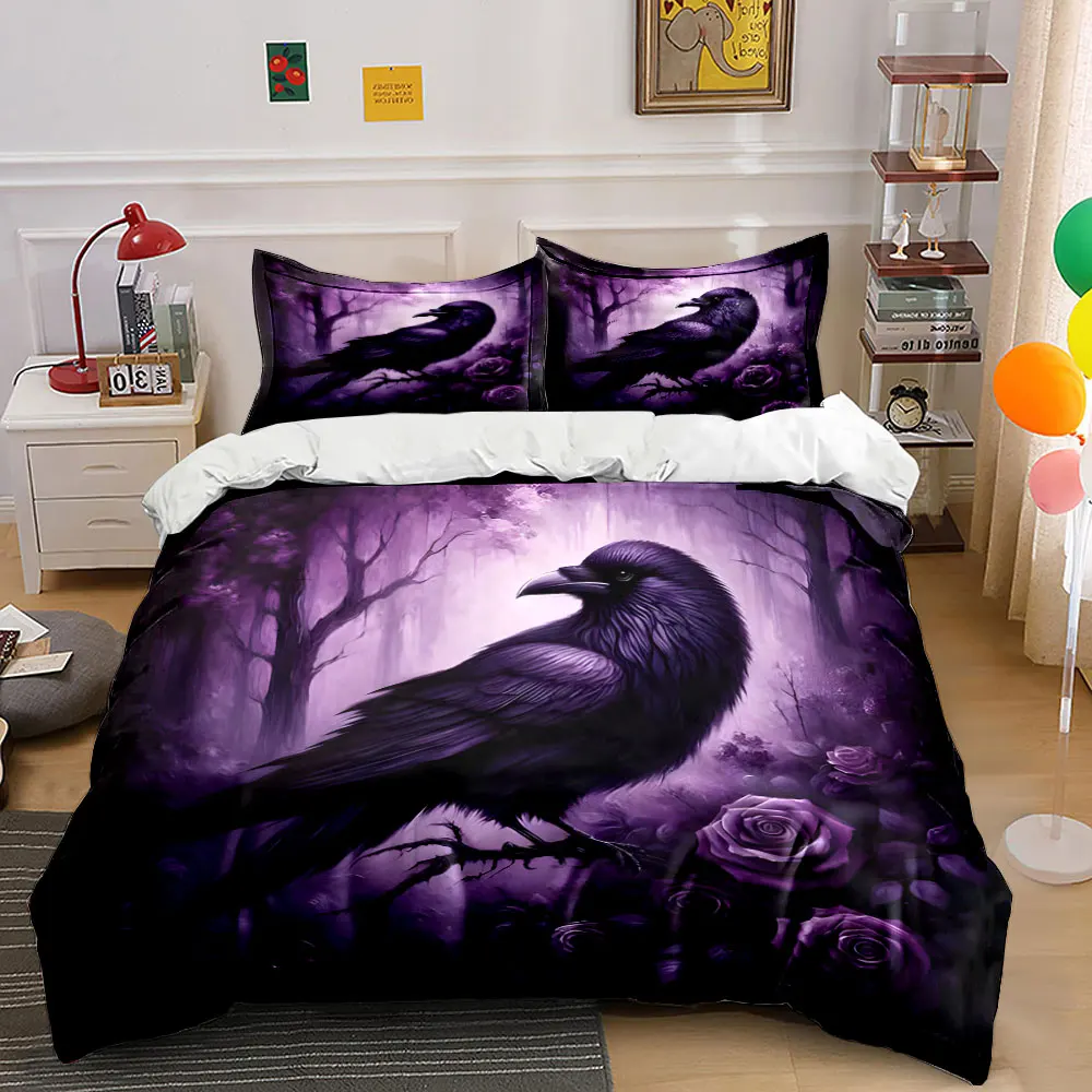 Crow Purple Roses Forest Fantasy Design Print Bedding Set 1 Duvet Cover 2 Pillowcases for Adult and Children Luxury Gift