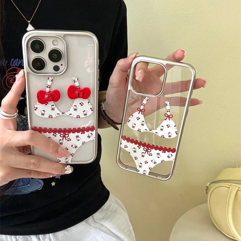 Sanrio bikini Hello Kitty cherry swimsuit transparent Phone Case For iPhone 15 14 13 12 Pro Max Case Cute luxury cartoon Cover