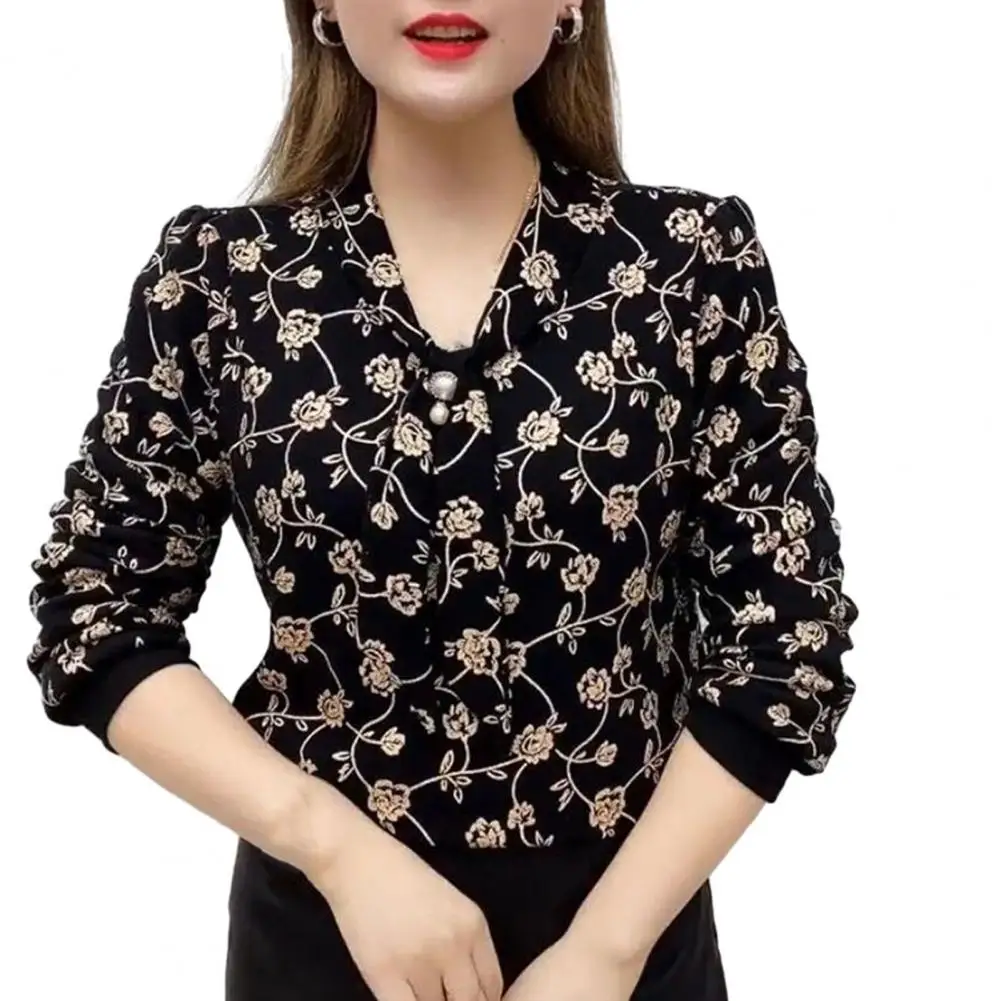 Women Printing Shirt Stylish Women\'s V-neck Tie Shirt with Long Sleeves Faux Pearl Detailing Loose Fit Blouse Design Plus Size