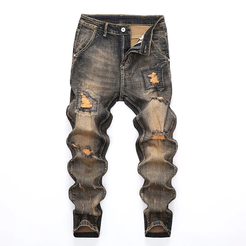 Pantalones vaqueros Retro rasgados Punk para hombre, bordado nostálgico, personalidad, parches desgastados, empalme, pantalones de motocicleta