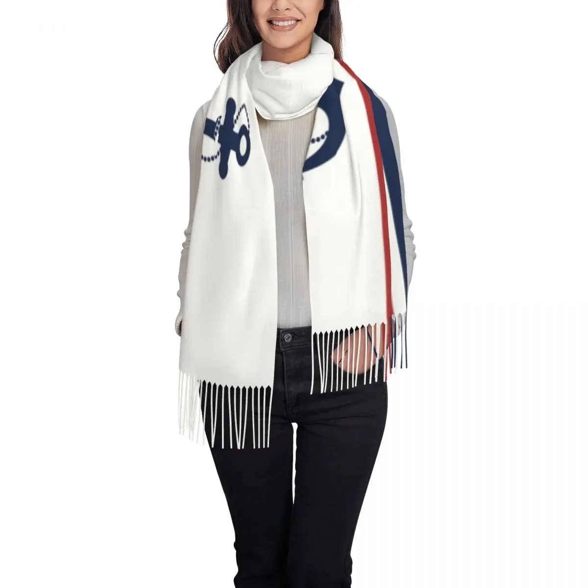 Stylish Nautical Navy Blue Anchor With Stripes Tassel Scarf Women Winter Fall Warm Shawls Wraps Lady Sailing Sailor Scarves