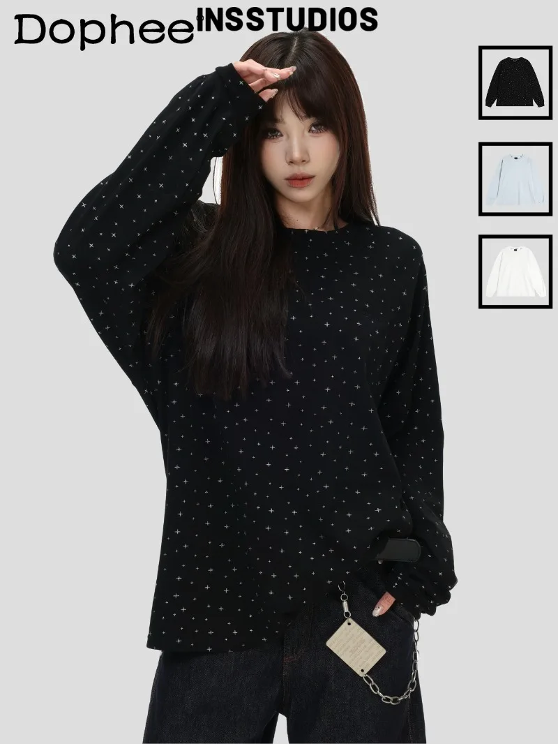 

American Retro Heavy Craft Starry Sky Round Neck Long Sleeve T-Shirt Loose Casual Fashion Inner Layer Base Shirt for Women