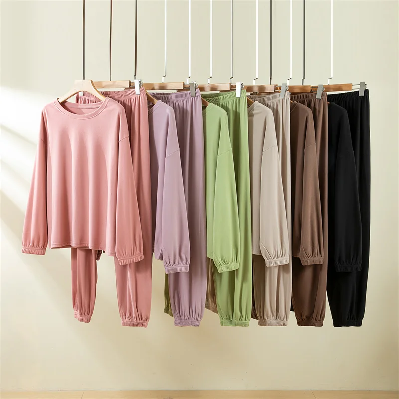 Women's Thickened Long Sleeve Loose Fit Autumn Winter Home Clothes Set Fleece Lined Casual Pants Comfortable Sleepwear