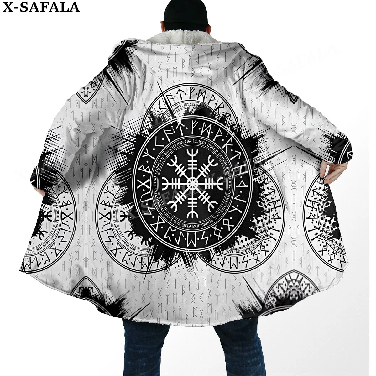 

Viking Line Tattoo Symbol Totems Art Thick Warm Hooded Cloak Men Overcoat Coat Windproof Fleece Cape Robe Hooded Blanket-8