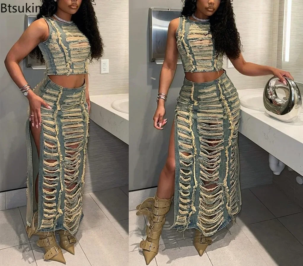 New Elegant Ripped Hole Denim Two 2 Piece Dress Set Women Sleeveless Crop Tank Tops and Split Side Maxi Skirt Streetwear Outfits