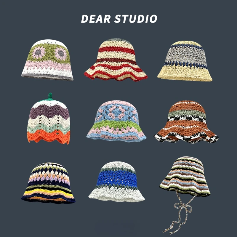 New Fashion Summer Women Knitted Beanies Cap Boho Knitting Bucket Hat Handmade Cloche Crochet Hats Korean Style Panama Wholesale