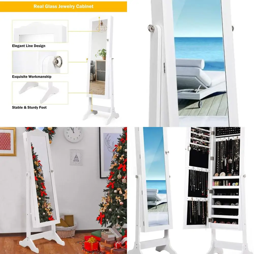 

Lockable White Standing Jewelry Cabinet with Full-Length Mirror and Adjustable Angles for Storage and Organization