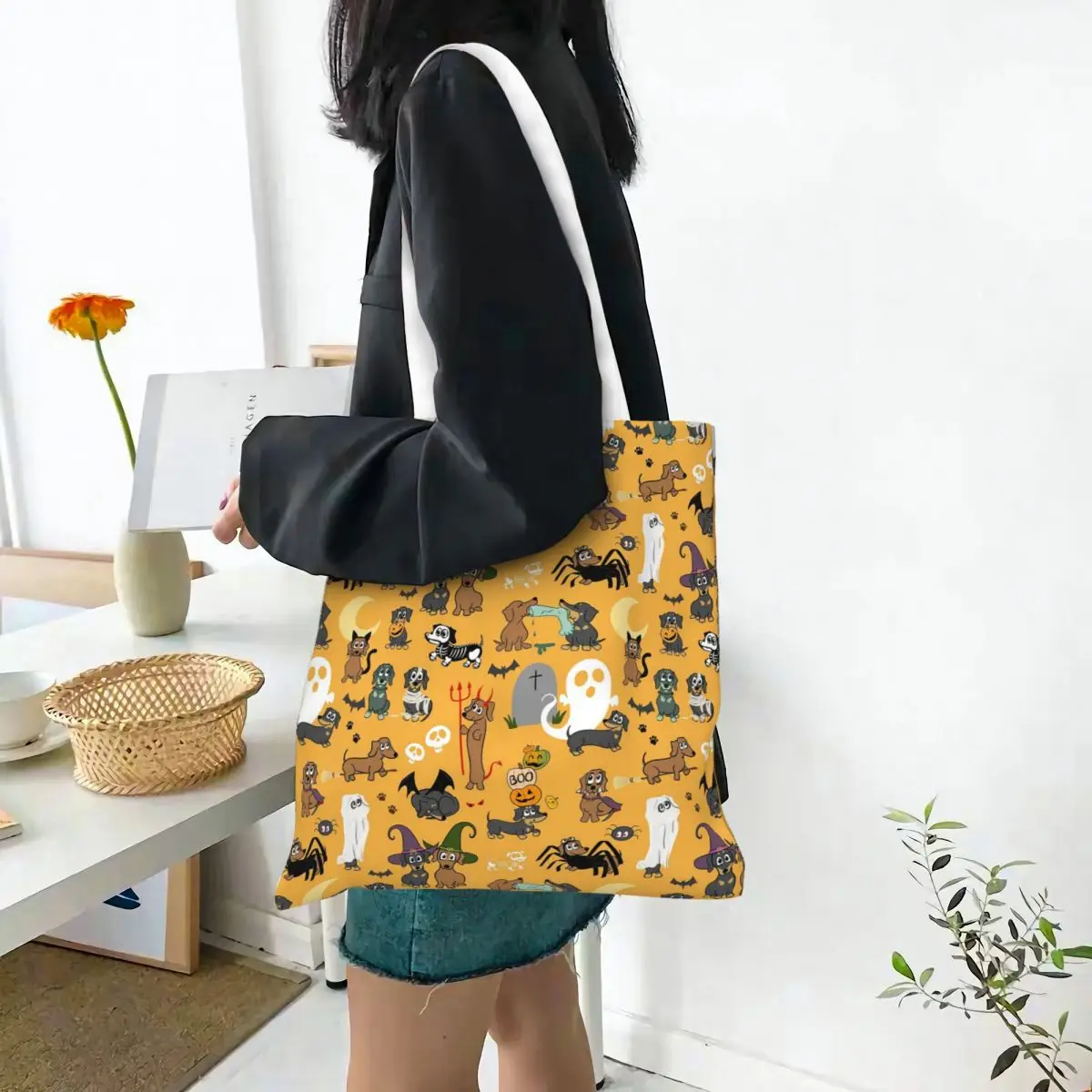 Halloween Dachshund Party Sausage Dog Spooky Shopping Bags Canvas The Tote Bag Foldable for Girls Shoulder Tote Travel Handbag