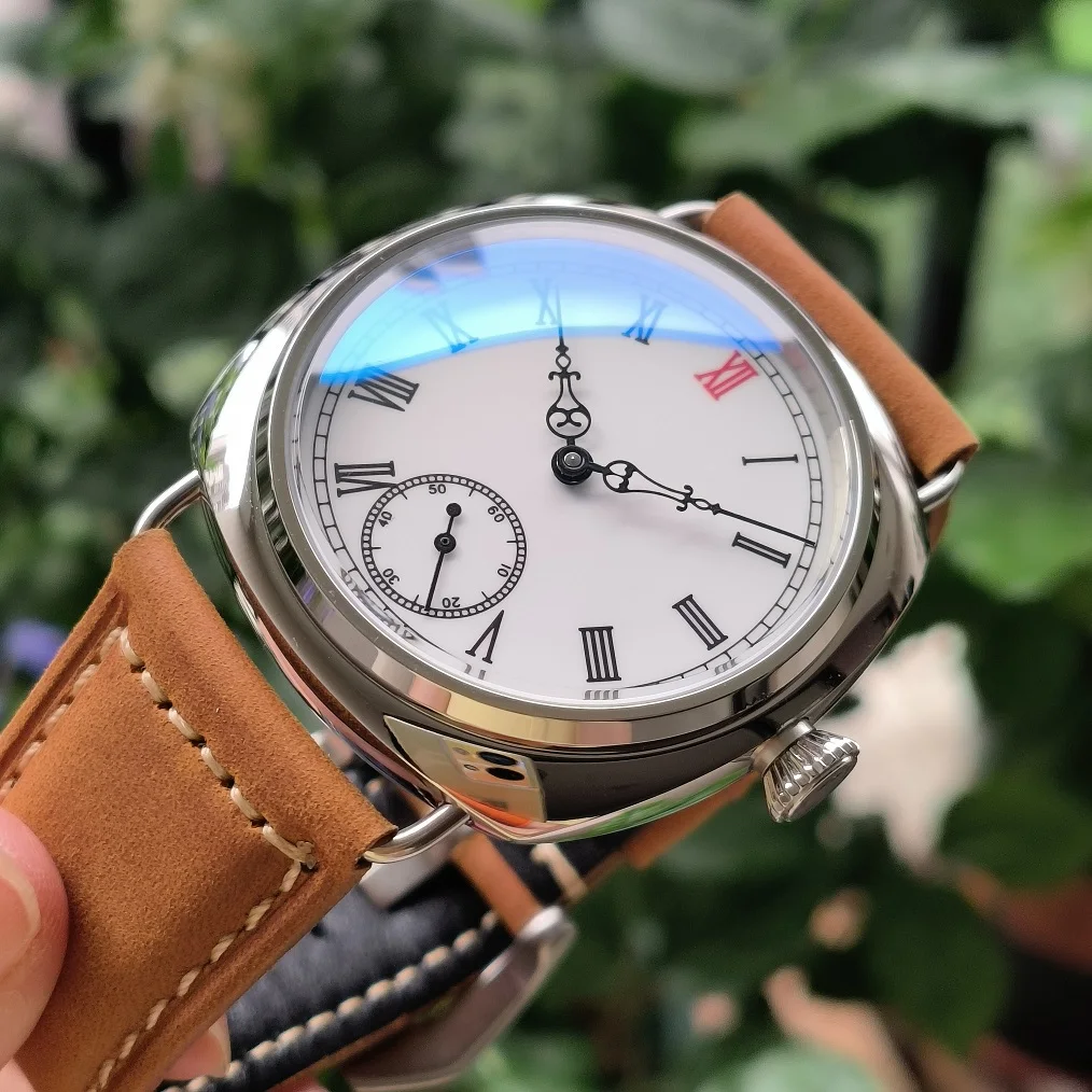 No logo Men\'s watch 45mm Mechanical Hand Wind watch White enamel dial Seagull ST3621 movement AR blue coated crystal