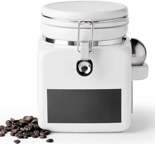 

MIECOO 2.2L Airtight Ceramic Coffee Canister with Scoop – Keeps Coffee, Tea, Sugar Fresh – White Kitchen Storage Jar