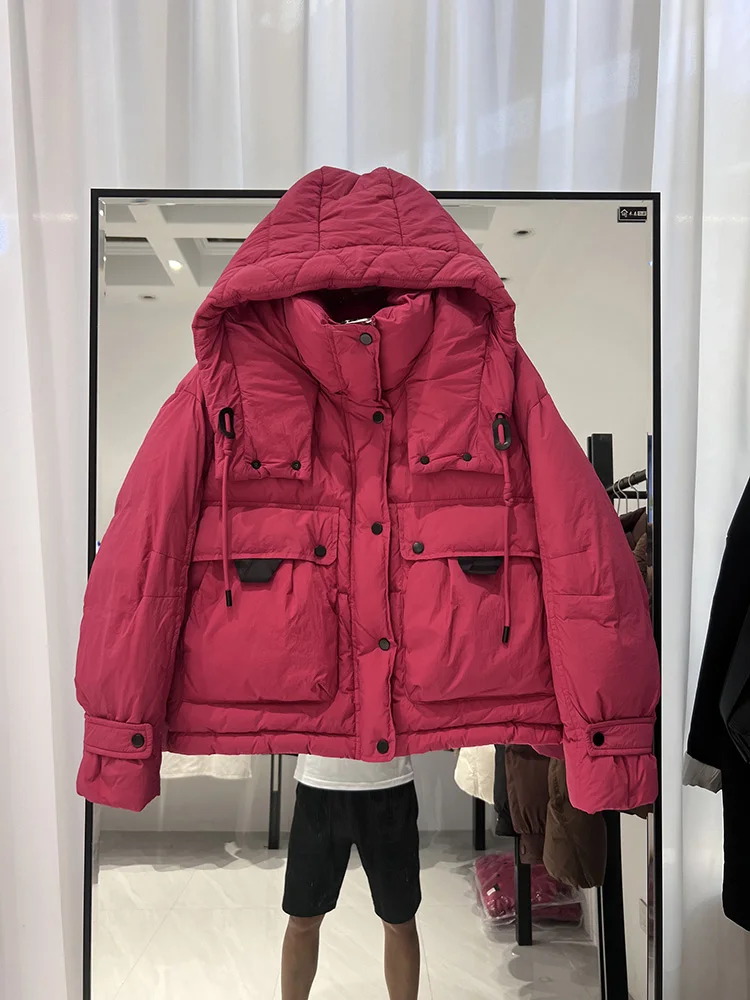 2025 new women's Korean version fashion hooded large pocket multi button versatile short style white duck down jacket