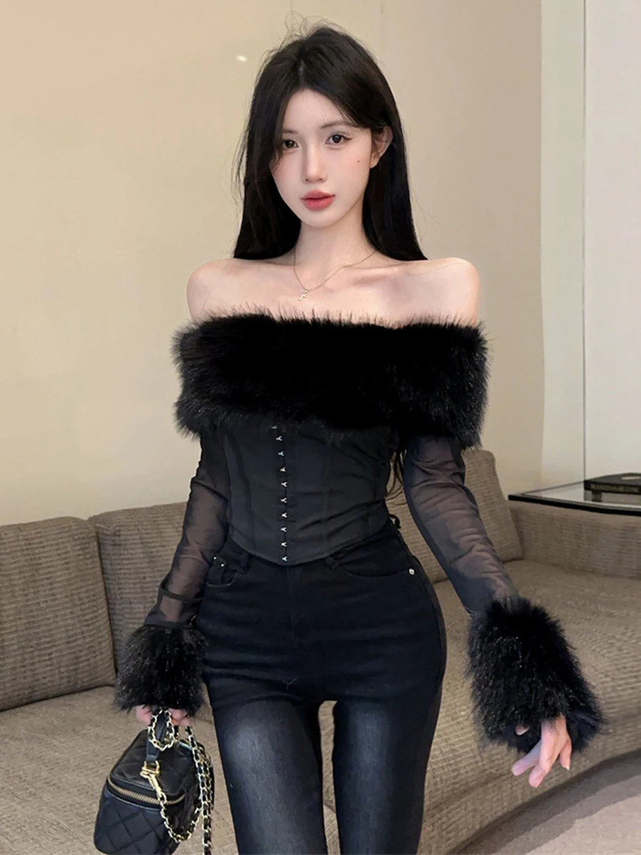 Sexy Shoulder Bared Long Sleeve Furry Collar Slim Fit Trendy Top for Young Women Polyester Fiber High Waist Casual Wear