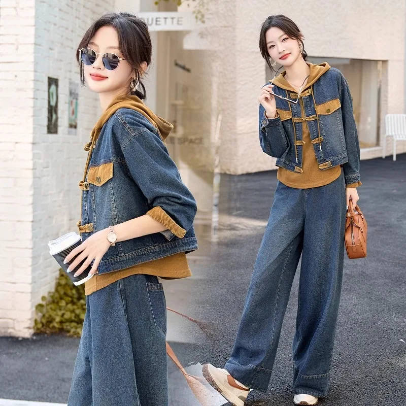 

Retro Button up Denim Set Casual Loose Sweatirt Wide Leg Pants Two Piece Set Women's Anti Aging Spring Autumn New Sle