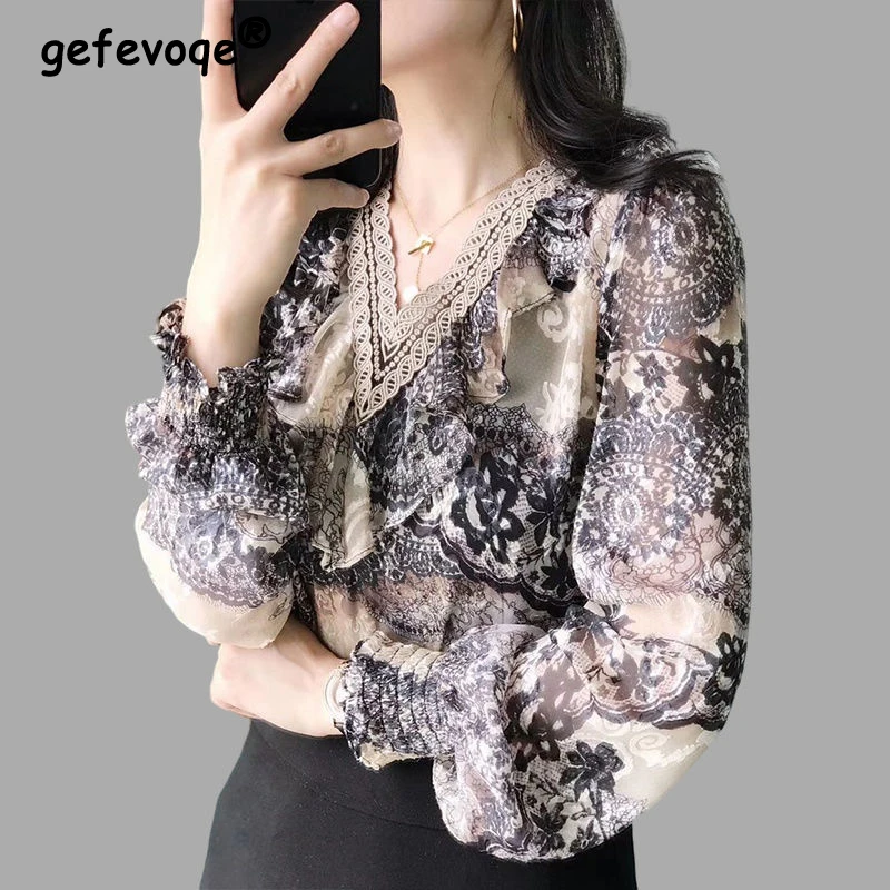 

Vintage Floral Print Ruffle Lace Patchwork V-neck Elegant Chic Commute Top Blouse Women Casual Loose Long Sleeve Shirts Clothing