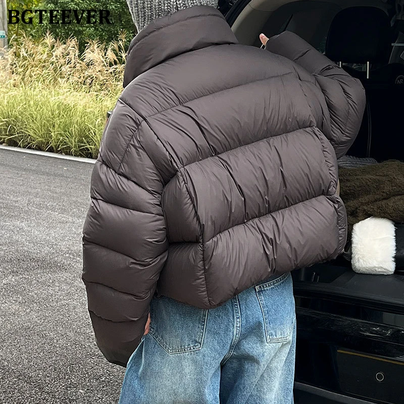 BGTEEVER スタイリッシュな厚手暖かいルーズスタンドカラー女性綿パッド入りジャケット冬長袖女性シングルブレストパーカー