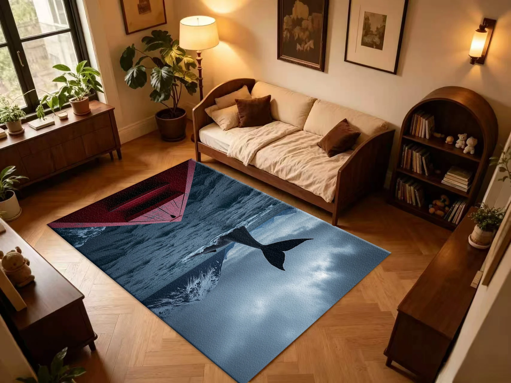 Red Wooden Boat Whale Tail Ocean Mountain Scenery Carpet Flooring, Nature Sea Animal Print Non-Slip Area Rug for Living Room Bedroom Home Floor Decor