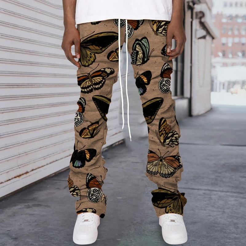 High Street Mens Casual Straight Pants 2022 Fashion Mid Waist Button Trouser Autumn Vintage Butterfly Print Men Long Pant New