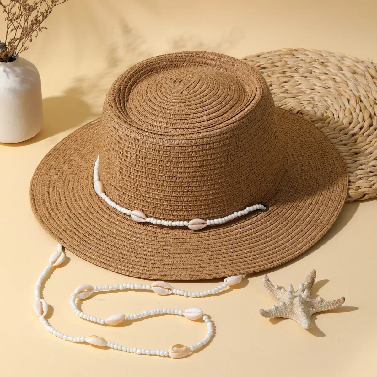 Summer personalized shell necklace straw hat summer sun shading women's sun hat elegant vacation, foldable concave top straw hat
