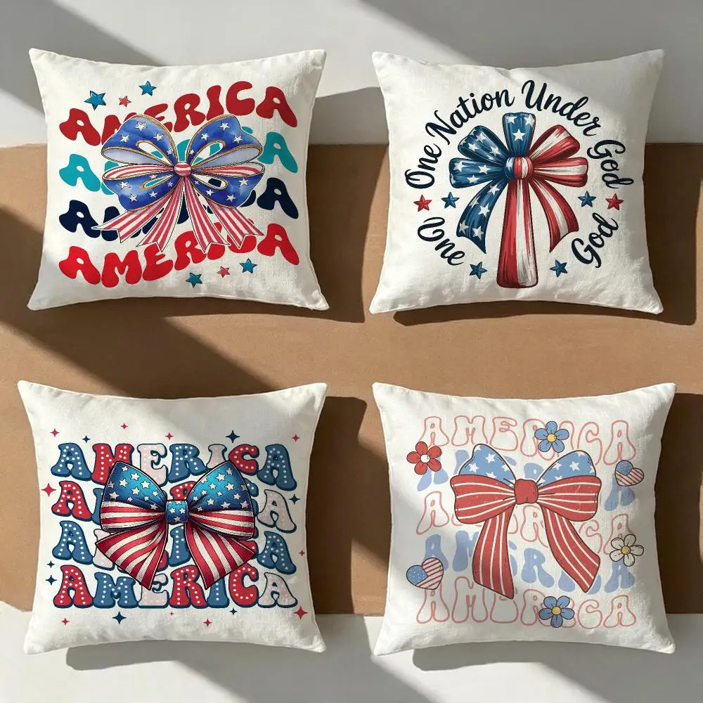 Independence Day Bow Cushion Cover Pillow Cover Nordic Minimalist Throw DoubleSided Print Cushion Case for Sofa Bedroom Decor