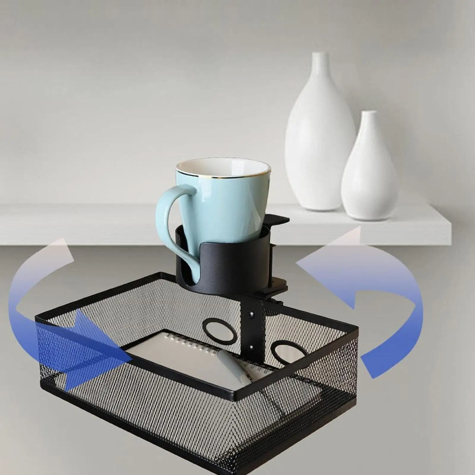 Hidden Desk Organizer with Cup Holder Tray Rotates 360 Degrees for Cabinet