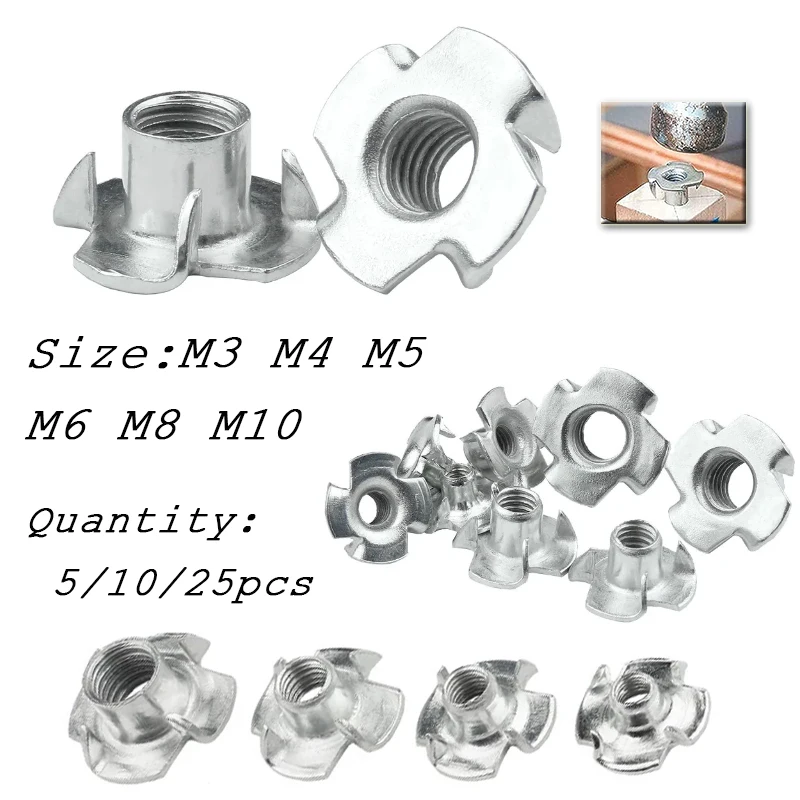 5/10/25pcs Carbon Steel Four Claws Nut M4-M10 Speaker T-nut Blind Four Pronged Insert Tee Nut For Wood Furniture Hardware