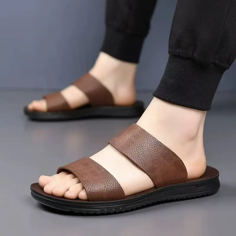 Men's Real Leather One Word Slippers Summer New Soft sole Non Slip Hollow Flat Sole Fashionable Outdoor Beach Slippers Sandals