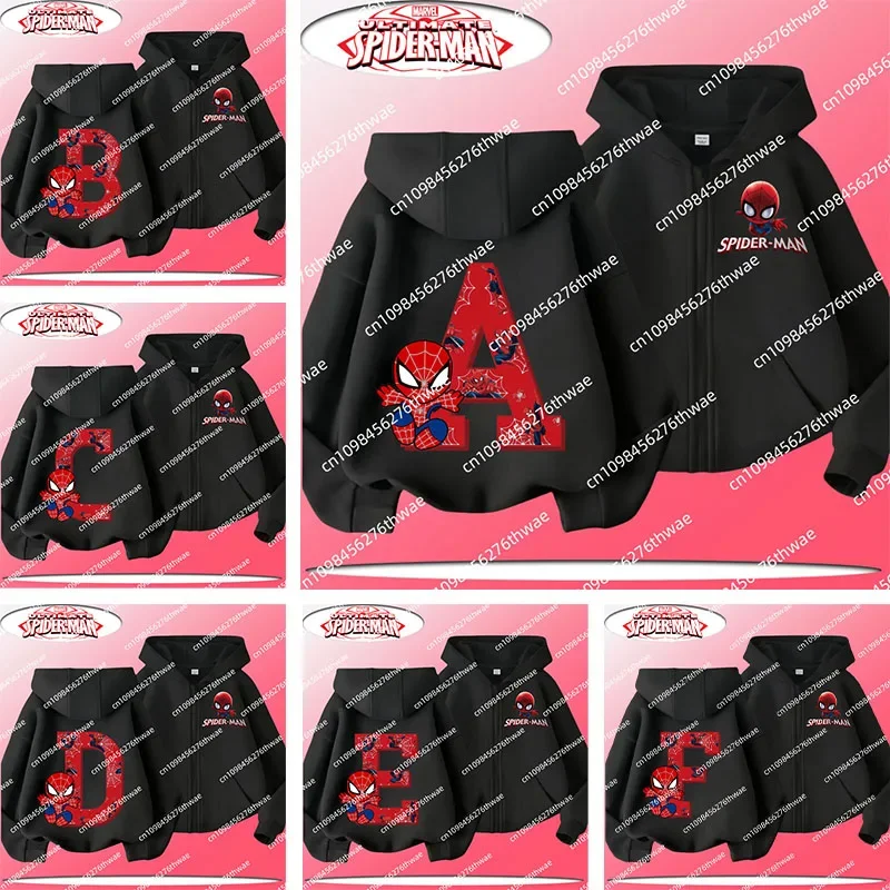 

2025 New Marvel Children's Zippered Hooded Sweatshirt Spider-Man Letter A-Z Cartoon Print Coat Boys and Girls Casual Shirt