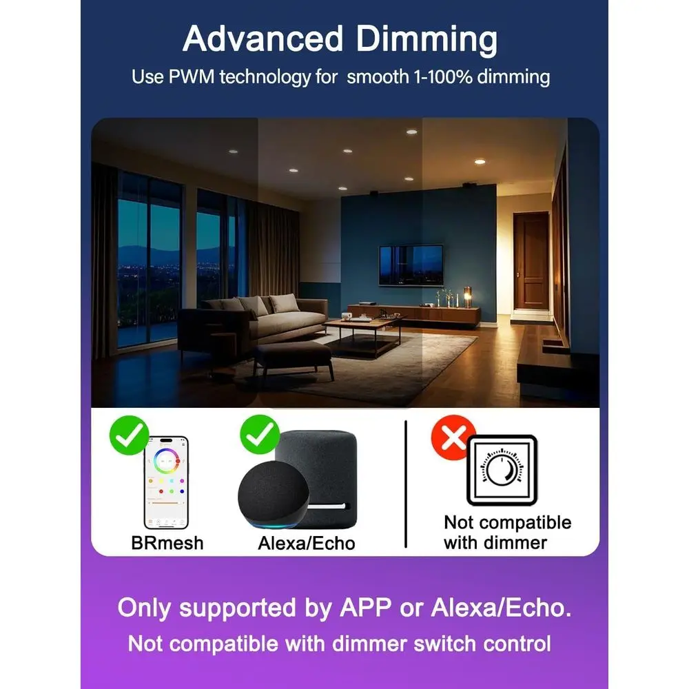 4 Inch LED Recessed Downlights, 10W, APP Controlled, RGB, 2700K-6000K, 100W Equivalent, Bluetooth MESH (6 Packs)