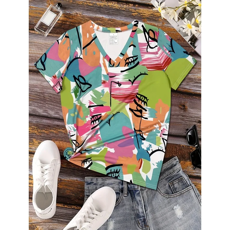 Casual Fashion Vacation Abstract Painting Color Block Irregular Geometric Pattern  Print Breathable V-Neck Short Sleeve T-Shirt