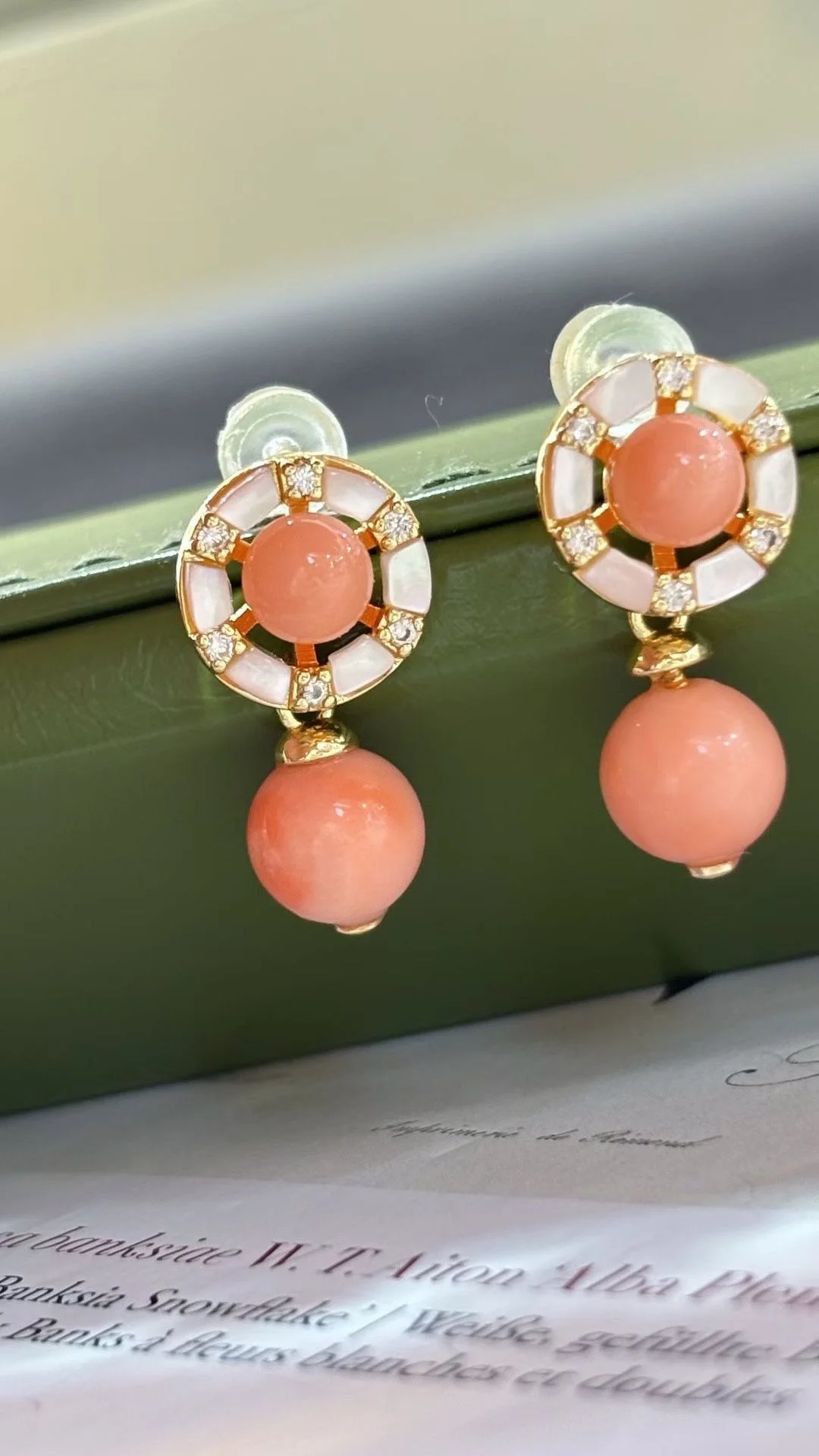 Certified 925 Silver Italian Natural Precious Coral Double-Bead Ear Drop Dangle Pink Gem Center White Shell Halo Earring Jewelry