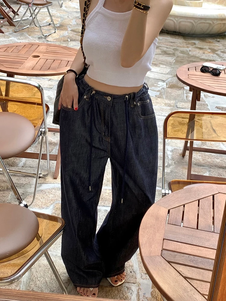 High Waist Jeans Women 2024 New Waist Drawstring Loose All-Match Trousers Small Fashion Western Sle Wide Leg Pants