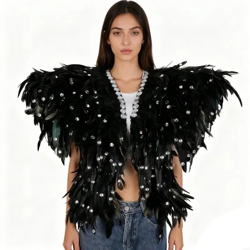 

Y3NE Готическая тематическая накидка с перьями, куртка для женщин, мерцающая деталь с кристаллами, украшенная шаль на плечах,