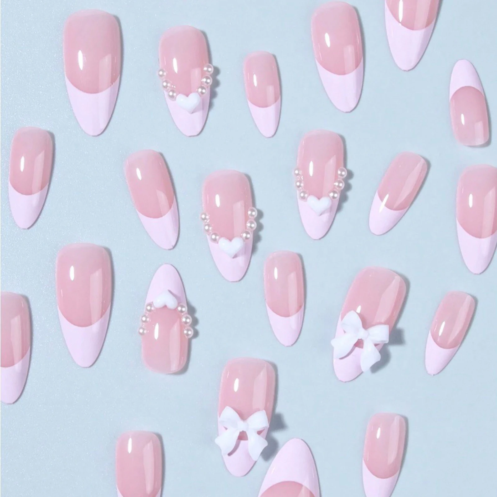 24PCS Glossy Pink Fake Nails French Tip Odorless Provides Fake Nails Wearable Nail Tips For Women Daily Wear Nails Tips